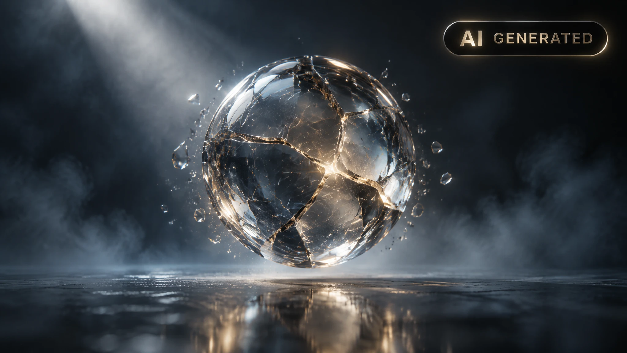 Cracked glass sphere balanced on thin rod above dark reflective floor with fractured light