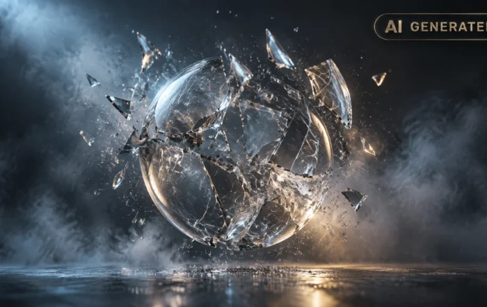 Cracked glass sphere fracturing into glowing shards amid soft studio fog
