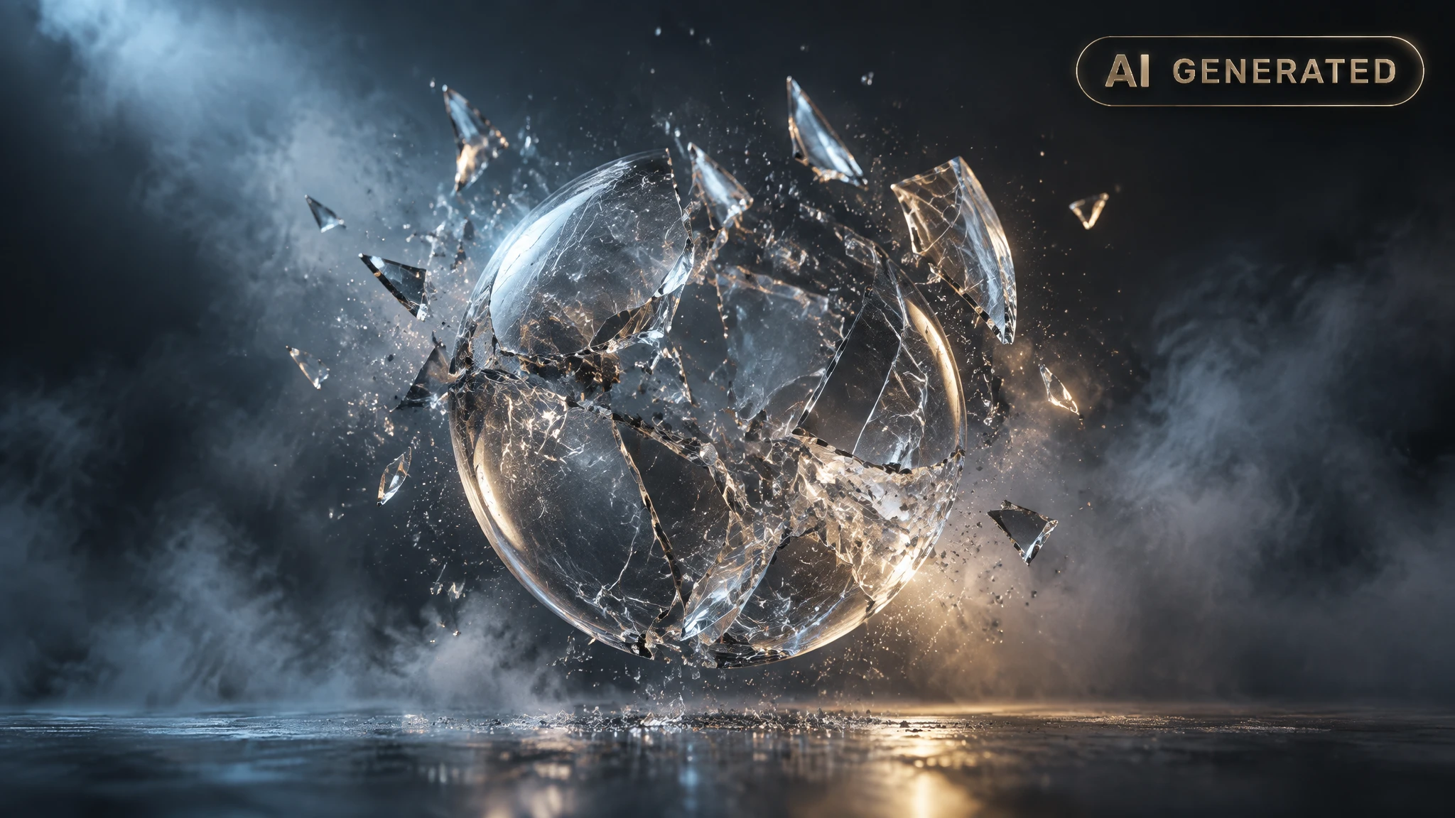 Cracked glass sphere fracturing into glowing shards amid soft studio fog