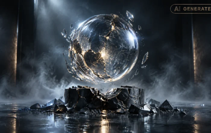 Cracked glass sphere resting on a fractured pedestal in a dark studio void