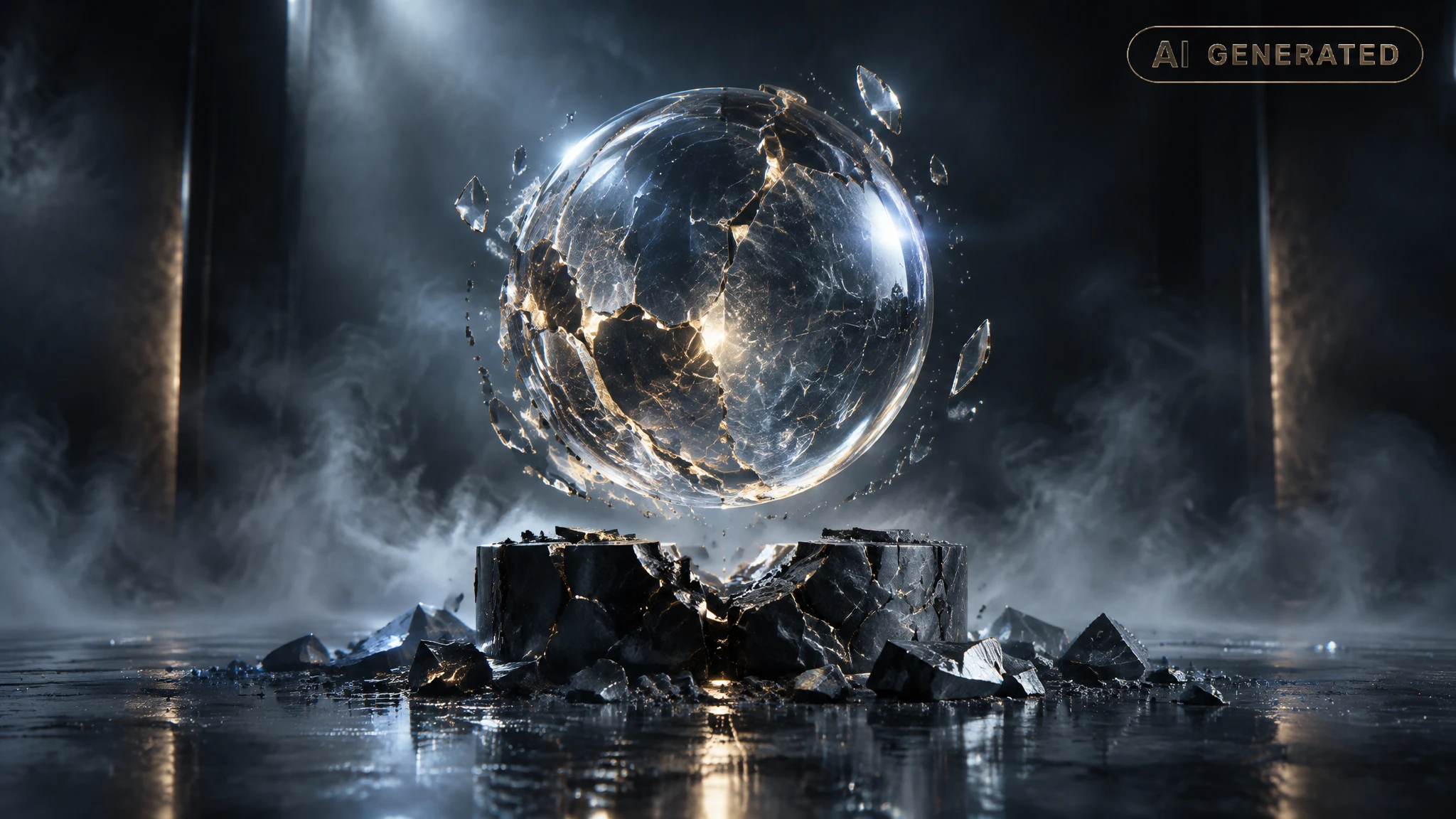 Cracked glass sphere resting on a fractured pedestal in a dark studio void