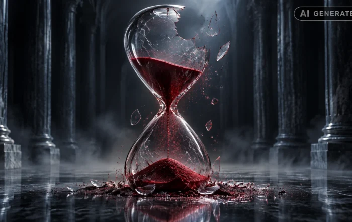 Cracked hourglass with red sand suspended mid-fall inside an empty marble hall