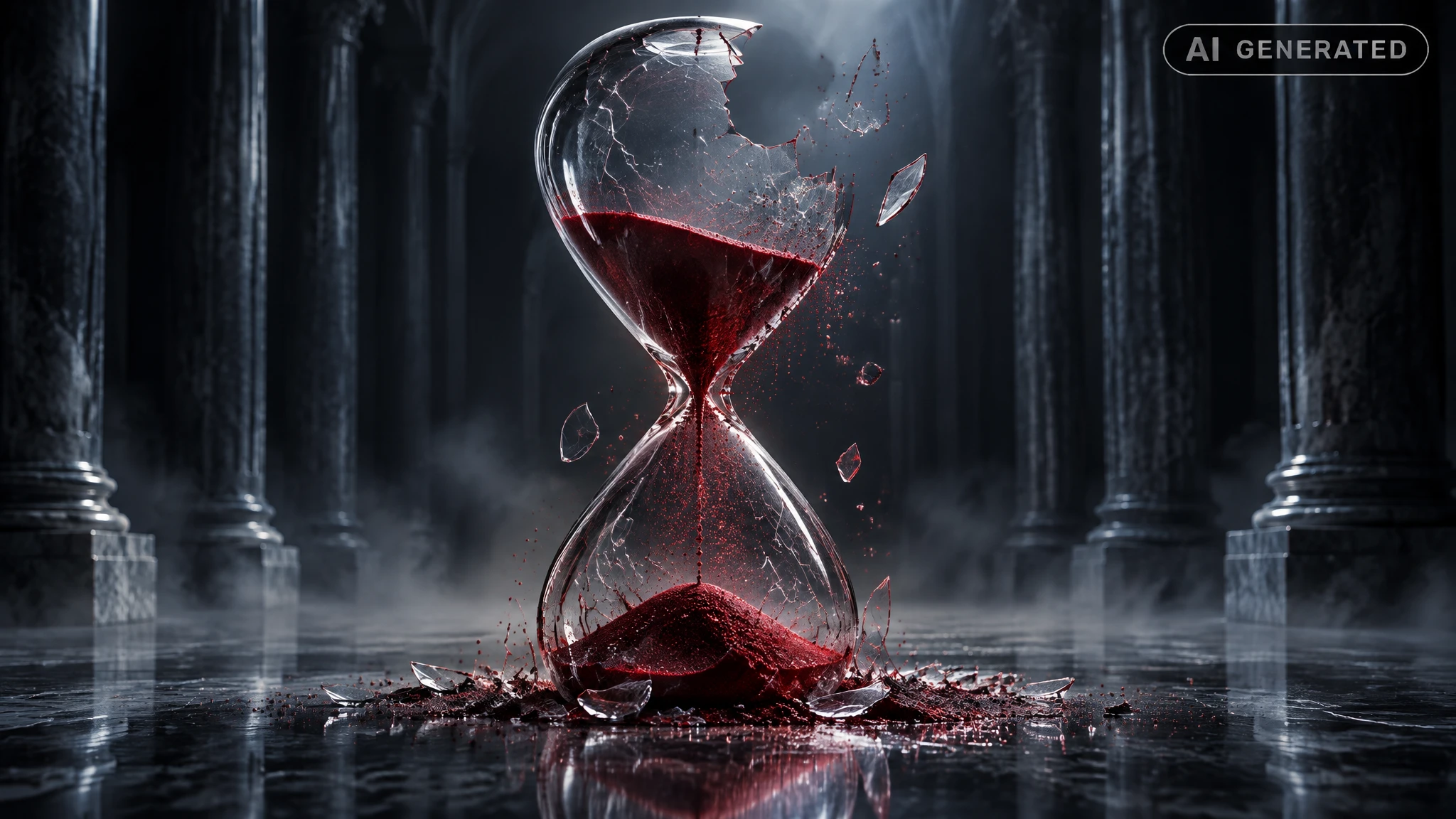Cracked hourglass with red sand suspended mid-fall inside an empty marble hall