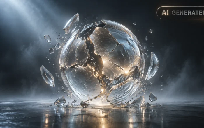 Cracked translucent sphere on dark reflective surface with light refracting through fractures