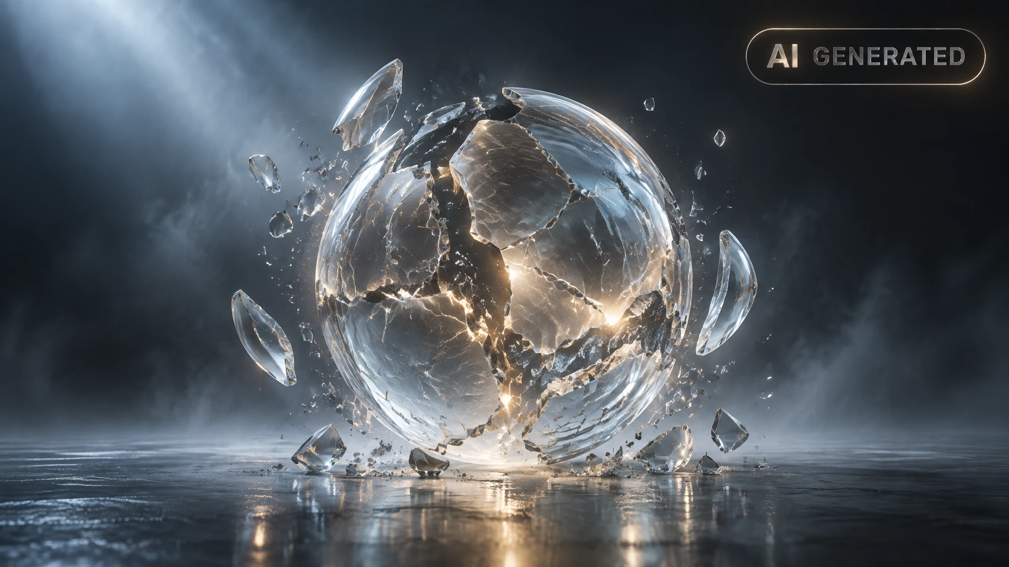 Cracked translucent sphere on dark reflective surface with light refracting through fractures