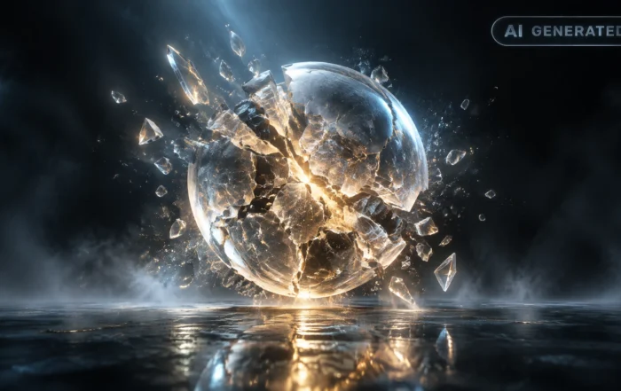 Cracked translucent sphere scattering fragmented light in a dark, empty reflective space