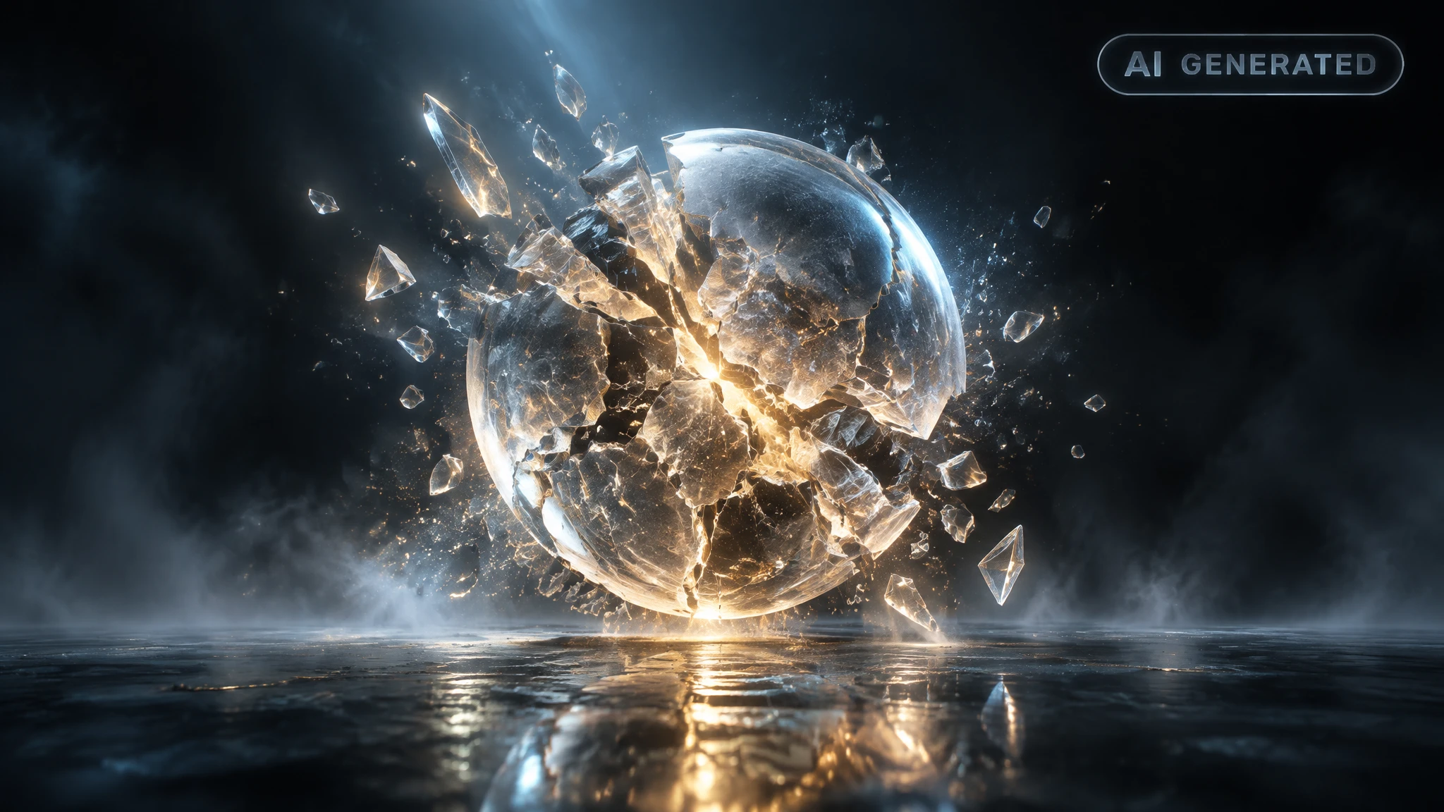 Cracked translucent sphere scattering fragmented light in a dark, empty reflective space