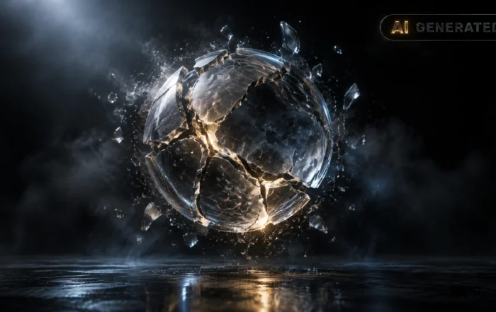 A translucent glass sphere with a spreading crack, suspended in dark volumetric fog.