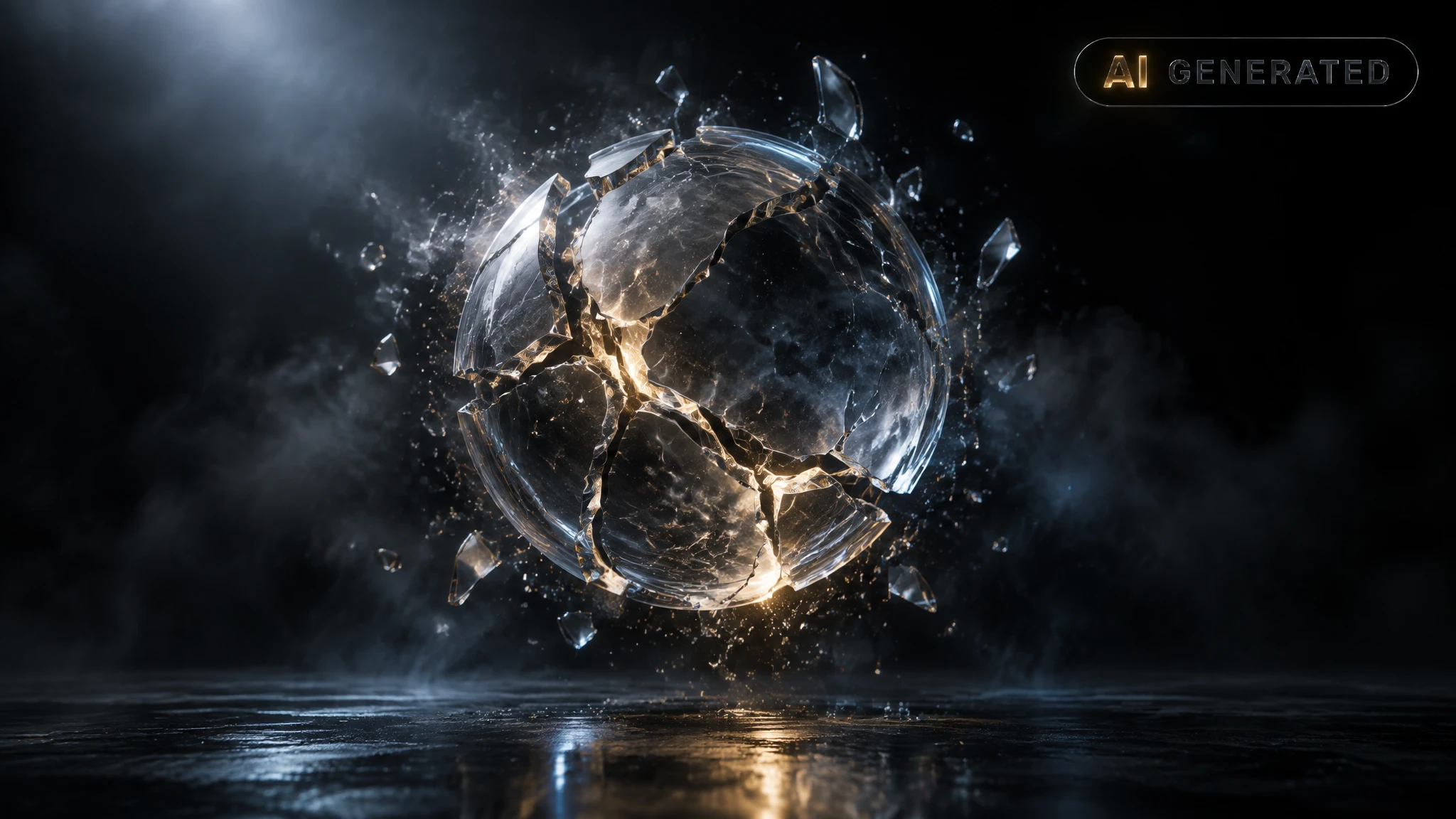 A translucent glass sphere with a spreading crack, suspended in dark volumetric fog.
