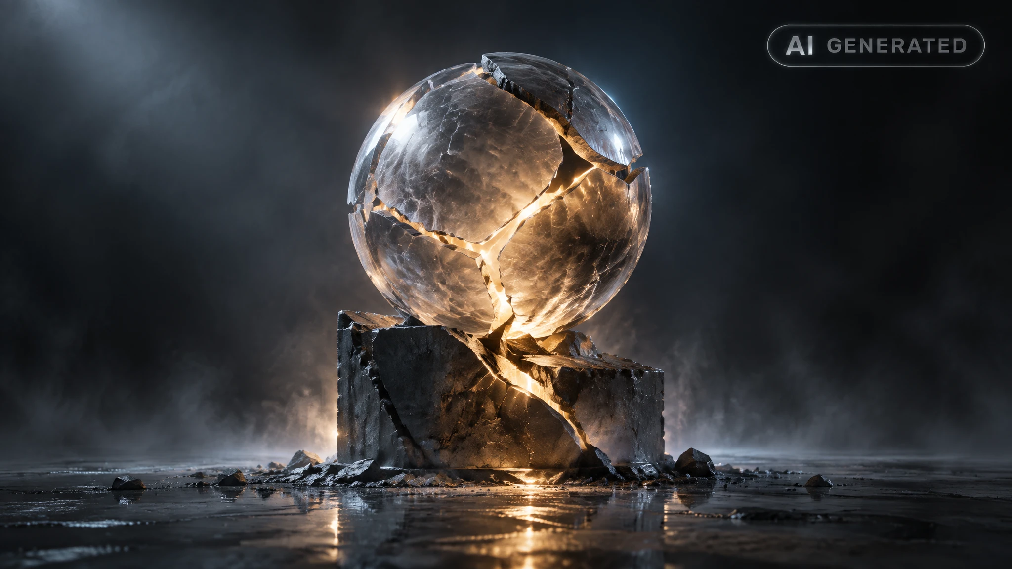 Cracked translucent sphere resting on a broken pedestal in dark empty studio space