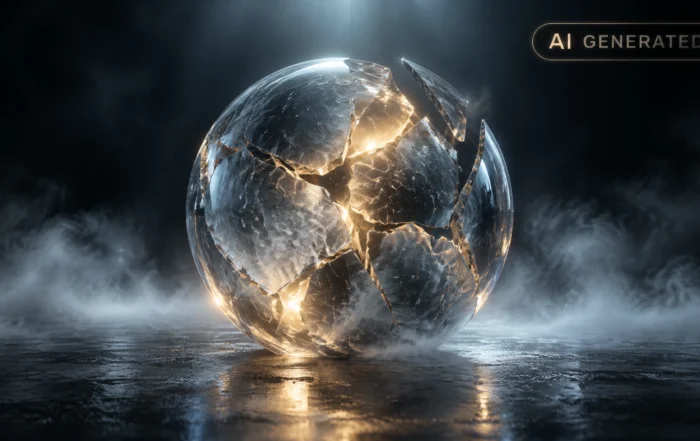 Cracked translucent sphere glowing faintly on a dark pedestal in empty fog-filled space