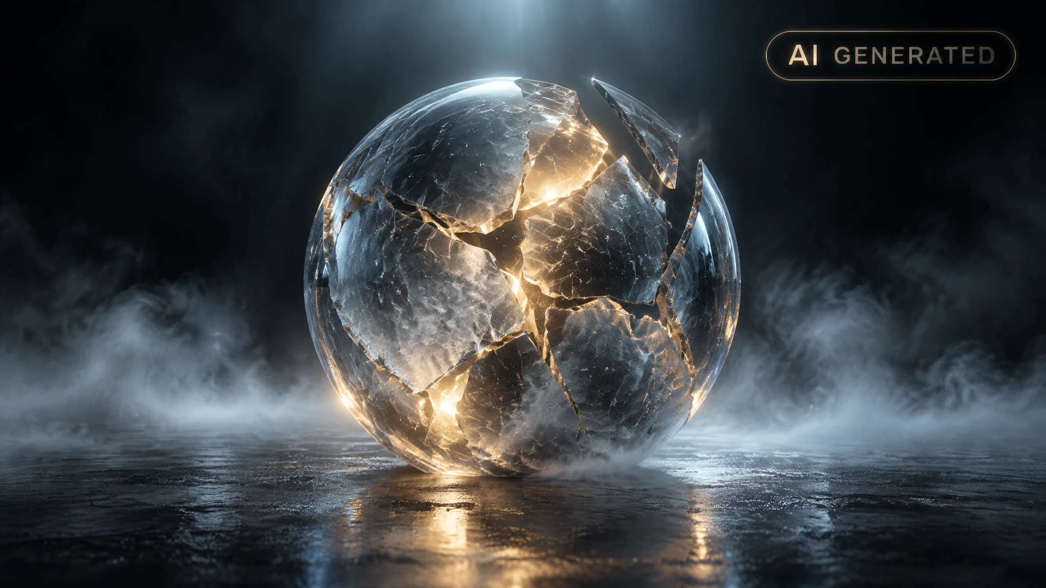Cracked translucent sphere glowing faintly on a dark pedestal in empty fog-filled space
