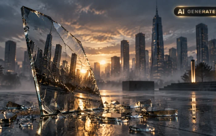 Large cracked mirror shard reflecting a fragmented city skyline at dusk on empty concrete plaza