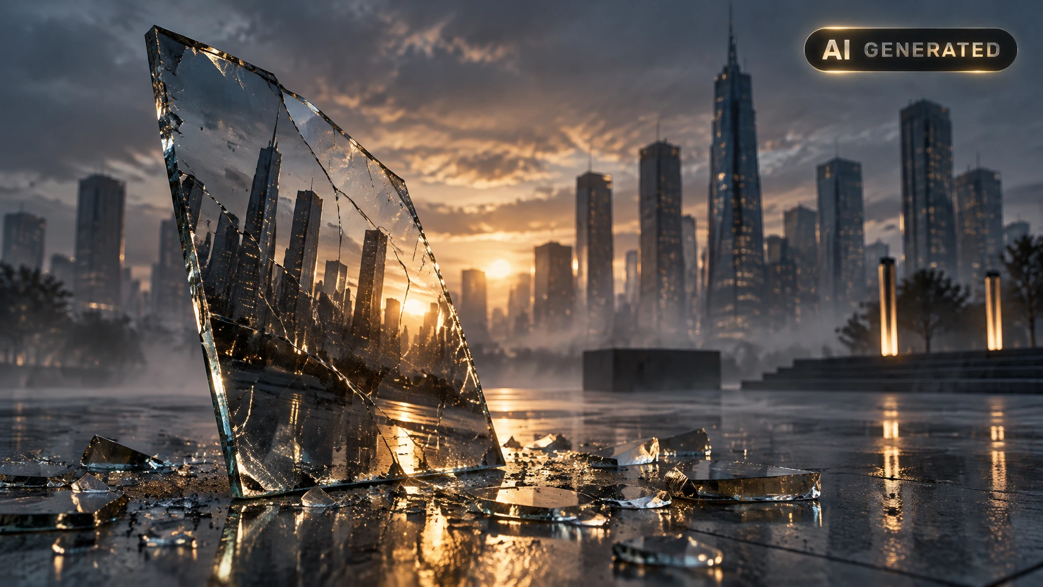 Large cracked mirror shard reflecting a fragmented city skyline at dusk on empty concrete plaza