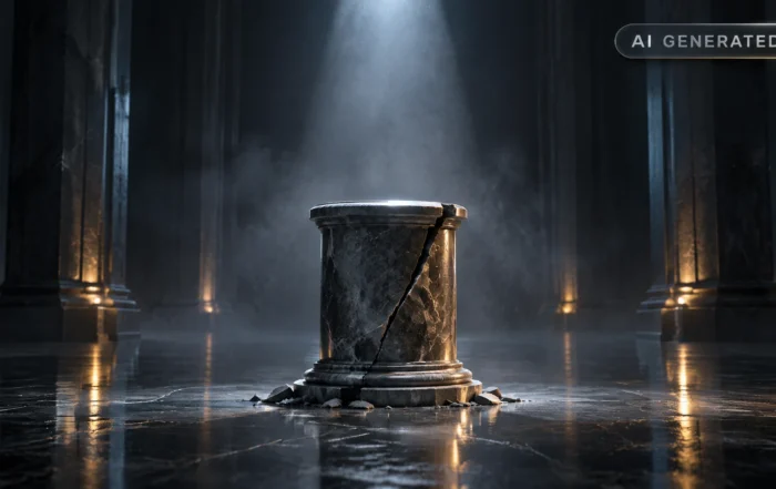 Cracked marble pedestal standing alone in a dark empty hall under a single spotlight