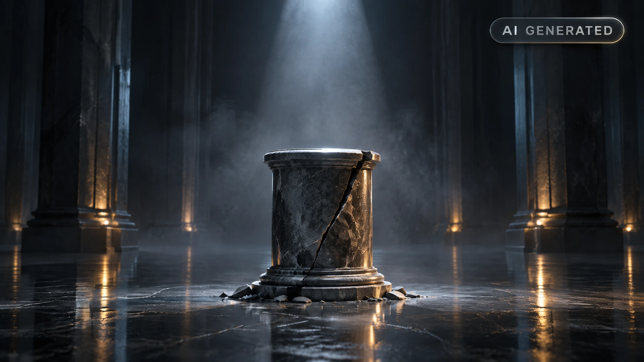 Cracked marble pedestal standing alone in a dark empty hall under a single spotlight