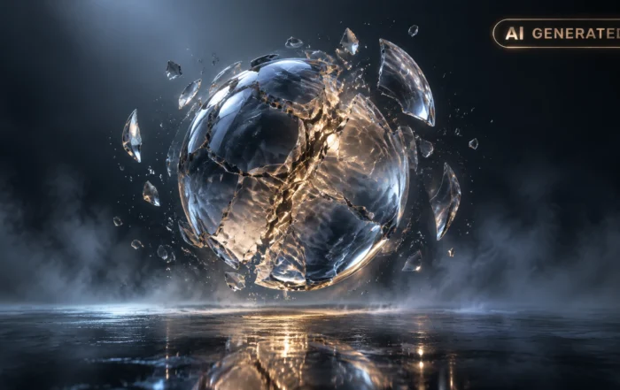 Cracked glass sphere balanced on a tilted pedestal with light scattering through fractures