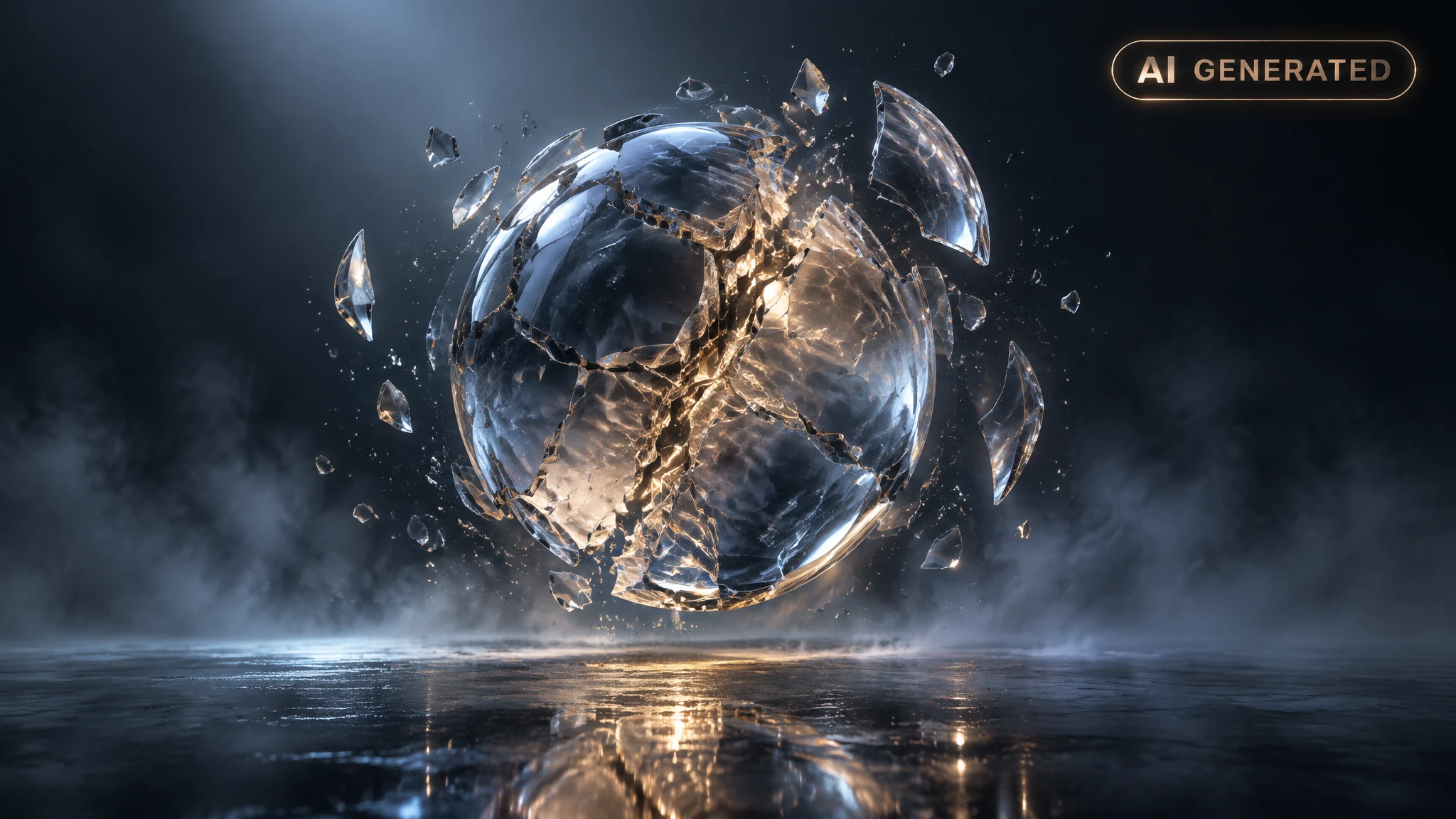 Cracked glass sphere balanced on a tilted pedestal with light scattering through fractures