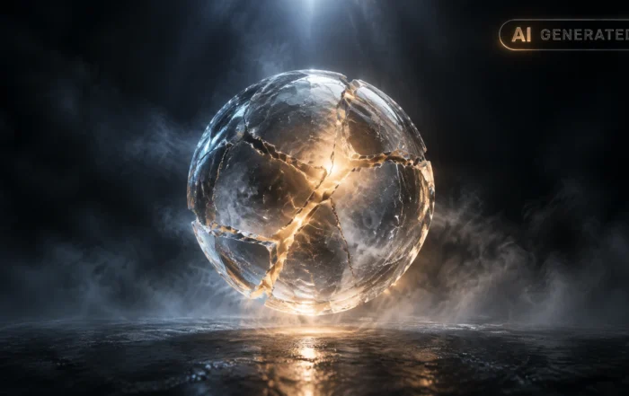 Cracked glass sphere on dark reflective surface emitting fractured light through its fissures