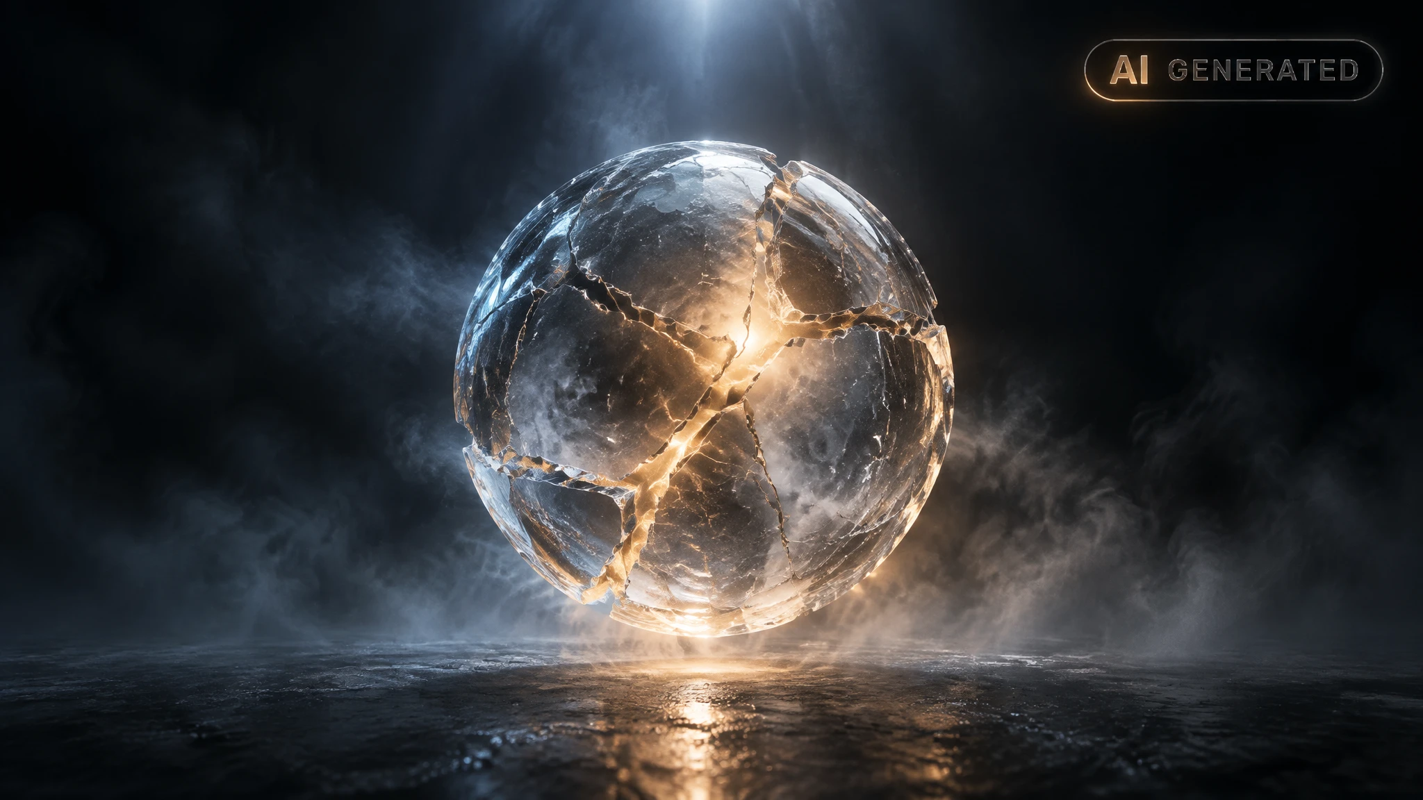 Cracked glass sphere on dark reflective surface emitting fractured light through its fissures