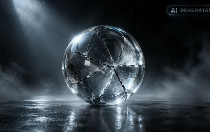 Cracked glass sphere on dark reflective surface with light refracting through fractures