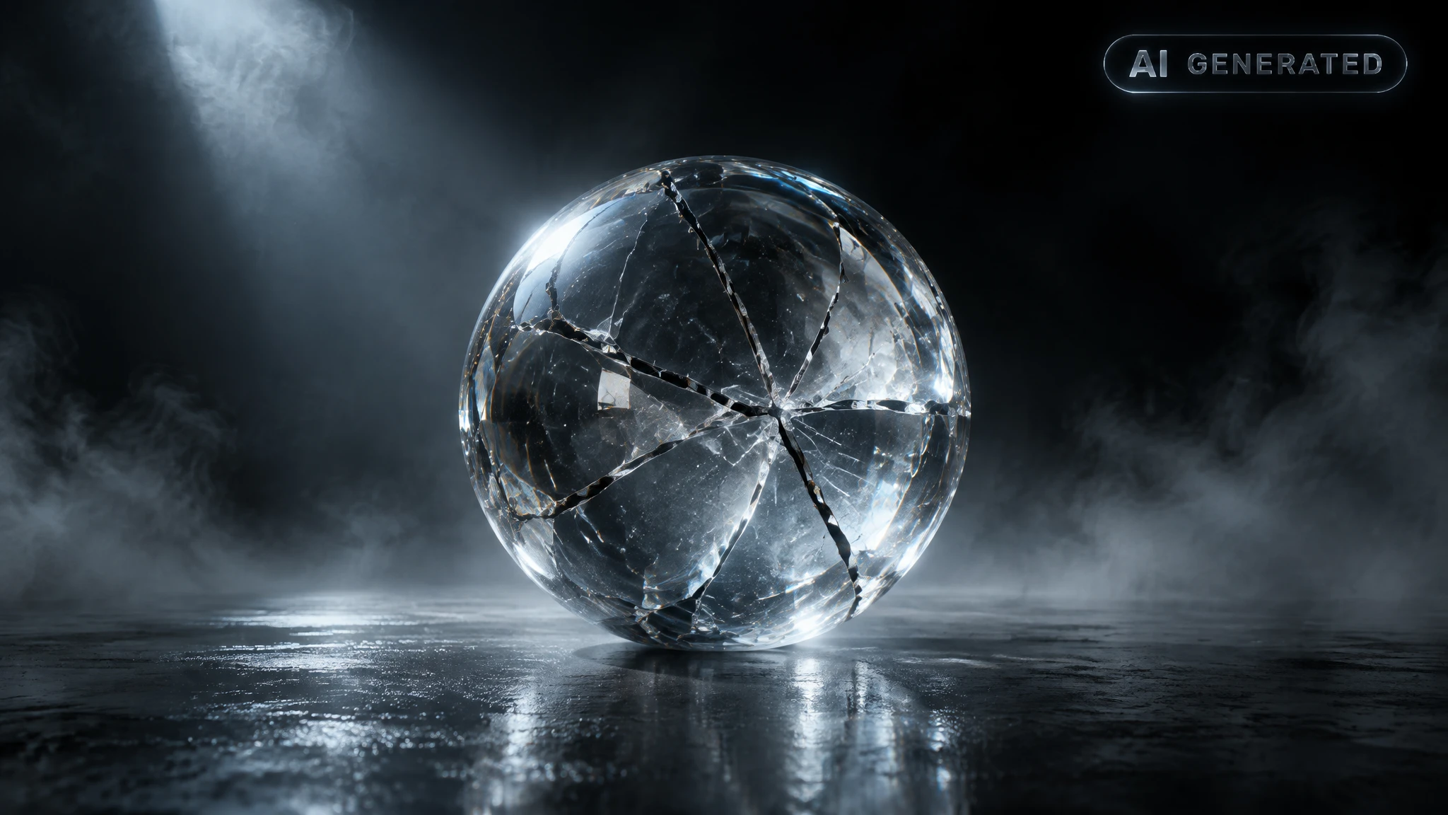 Cracked glass sphere on dark reflective surface with light refracting through fractures