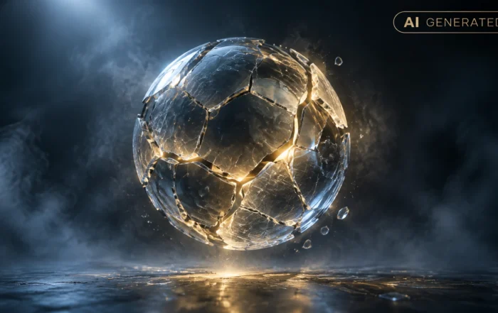 Cracked glass sphere balanced on a thin wire over a dark gradient background