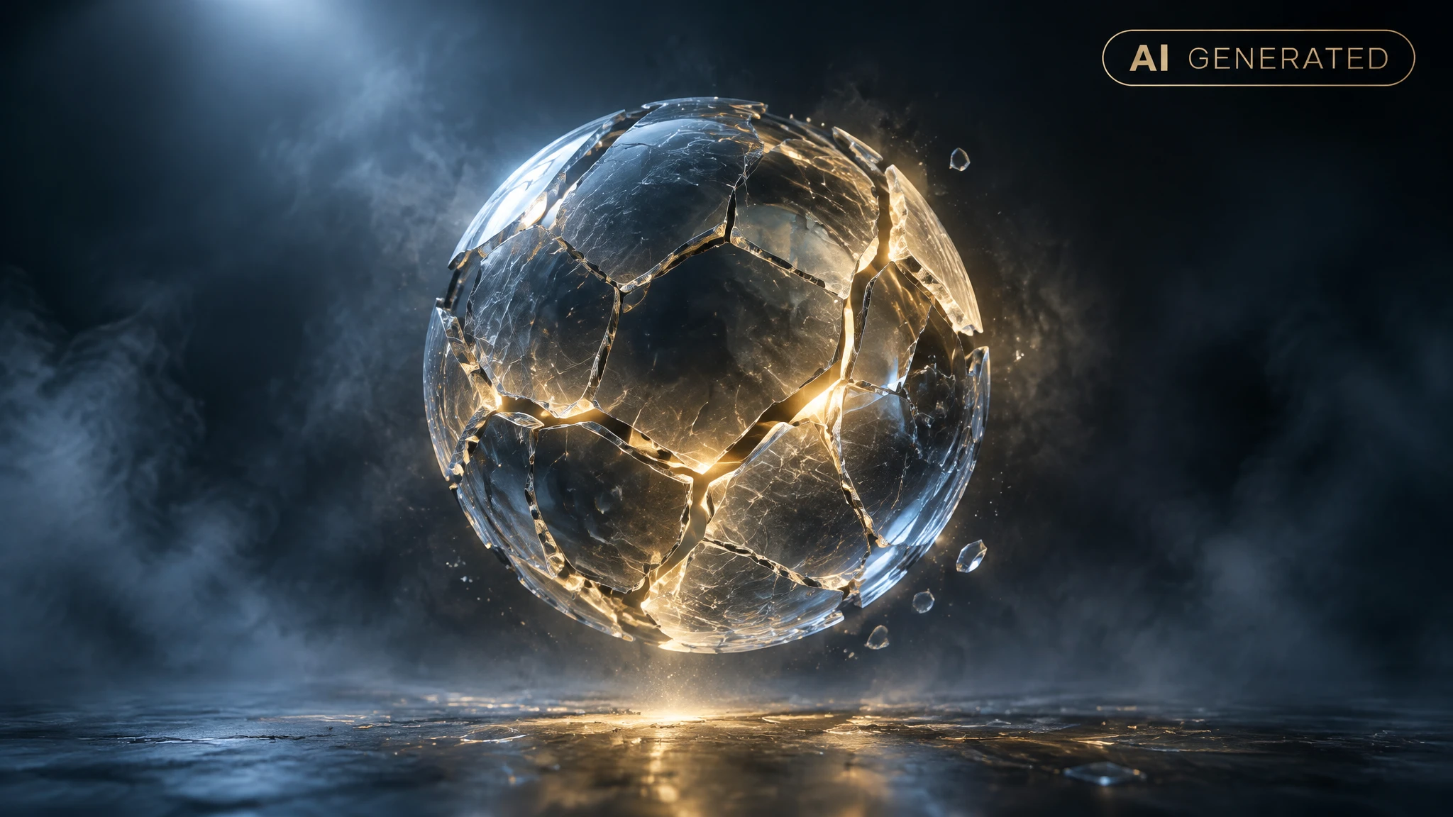 Cracked glass sphere balanced on a thin wire over a dark gradient background