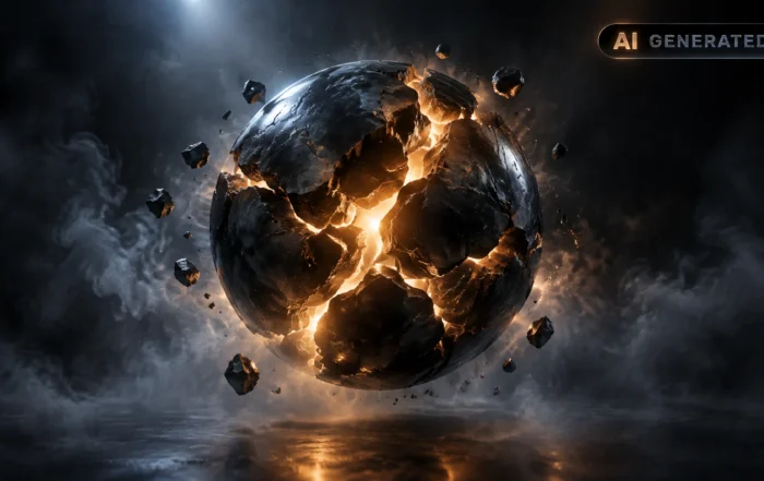 Cracked dark sphere glowing faintly from within, floating in a misty void