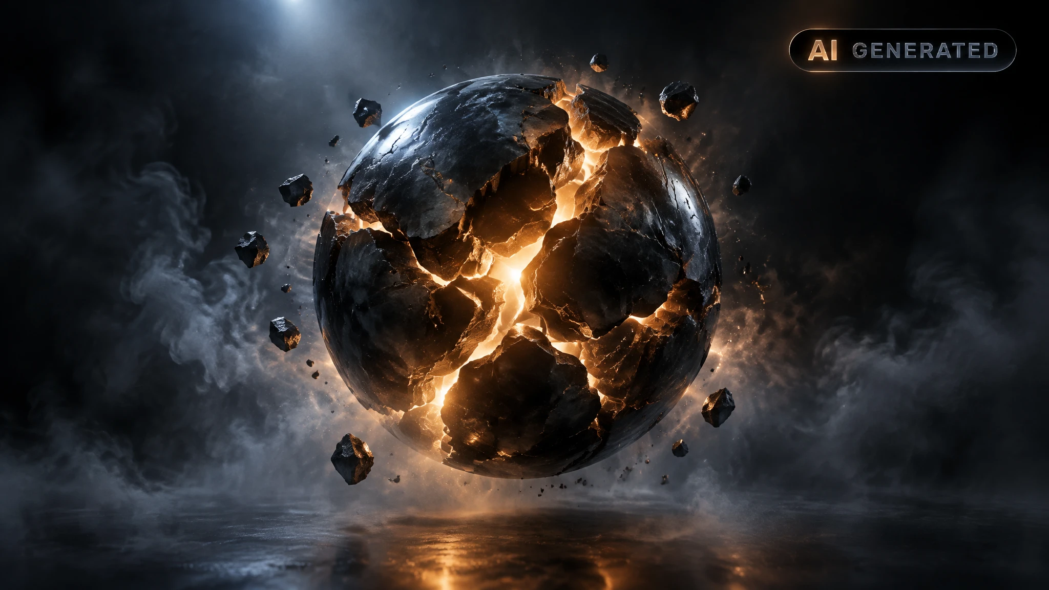 Cracked dark sphere glowing faintly from within, floating in a misty void