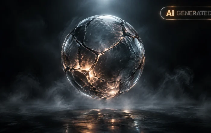 Cracked translucent sphere glowing faintly on a dark reflective surface in empty space