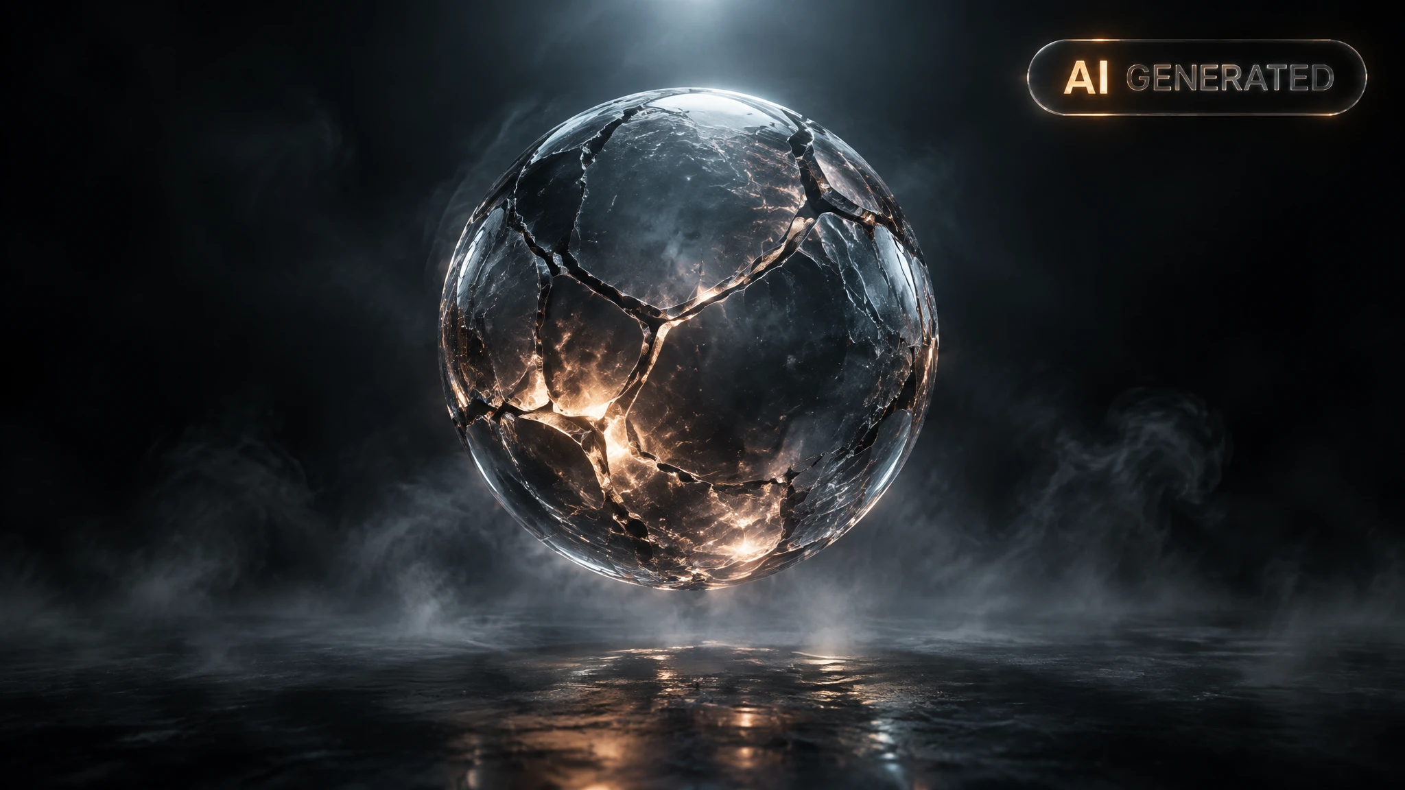 Cracked translucent sphere glowing faintly on a dark reflective surface in empty space