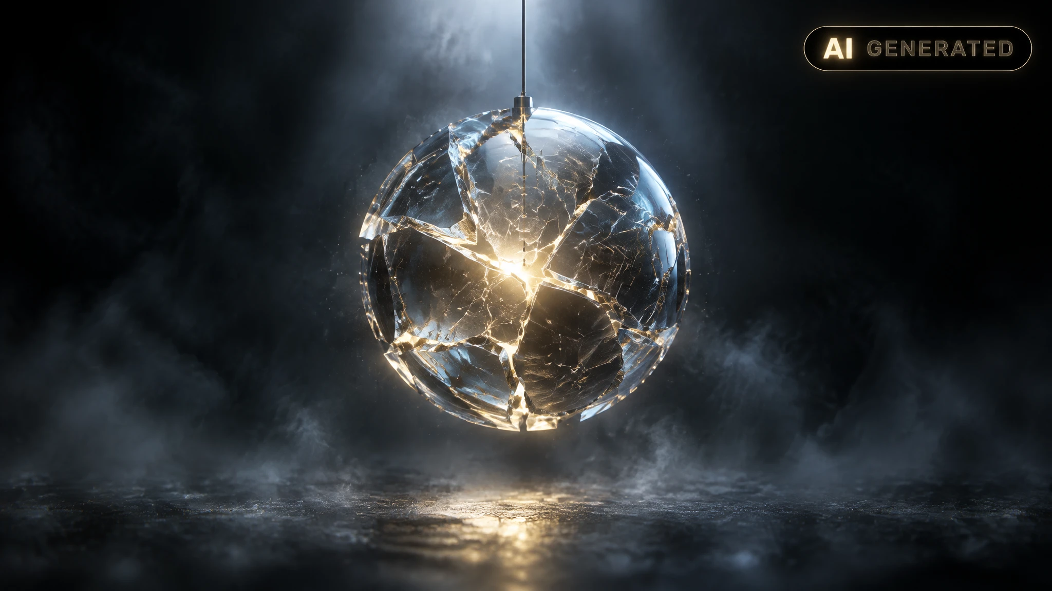 Cracked glass sphere balanced on a thin wire over a dark void, light seeping from fractures