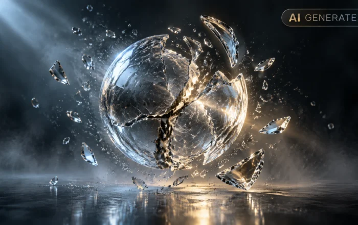 Fractured glass sphere balanced on a pedestal, refracting light into scattered colored shards
