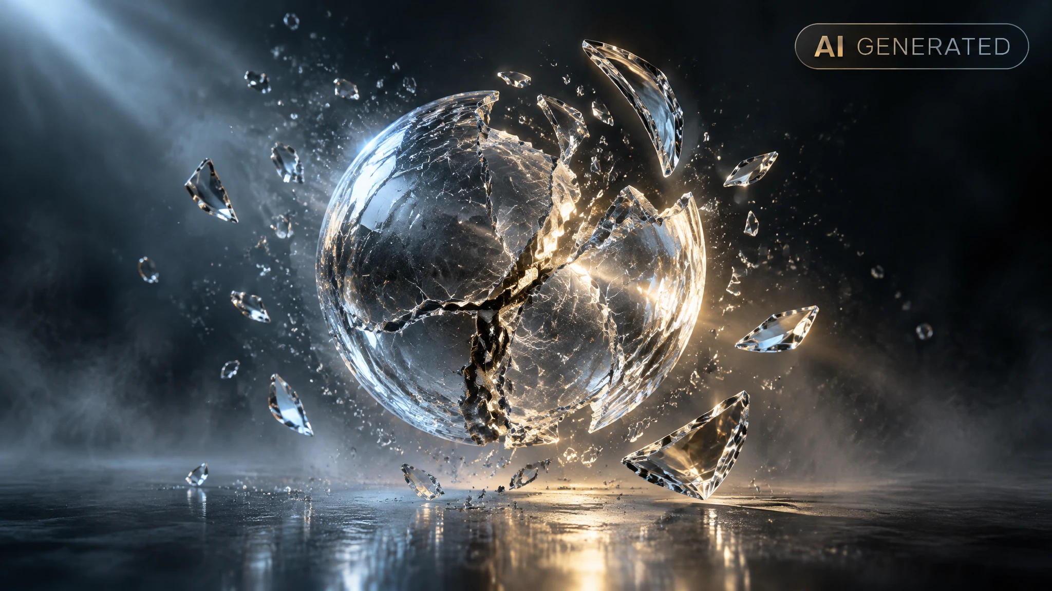 Fractured glass sphere balanced on a pedestal, refracting light into scattered colored shards