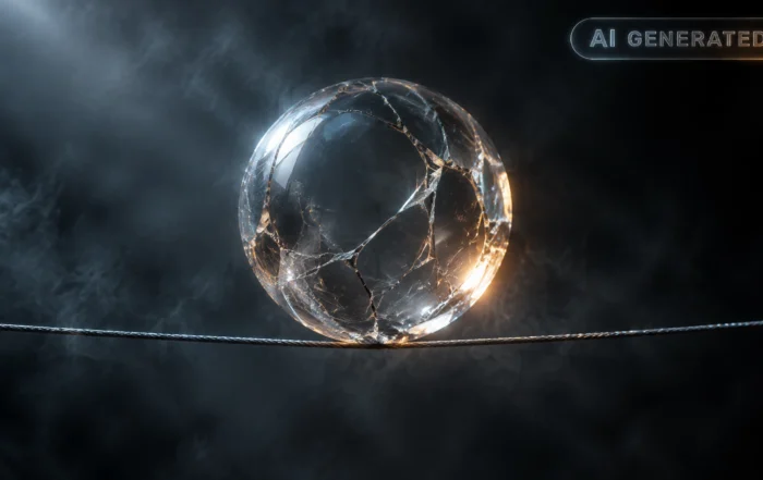 Cracked glass sphere balanced on a thin wire against a dark empty background