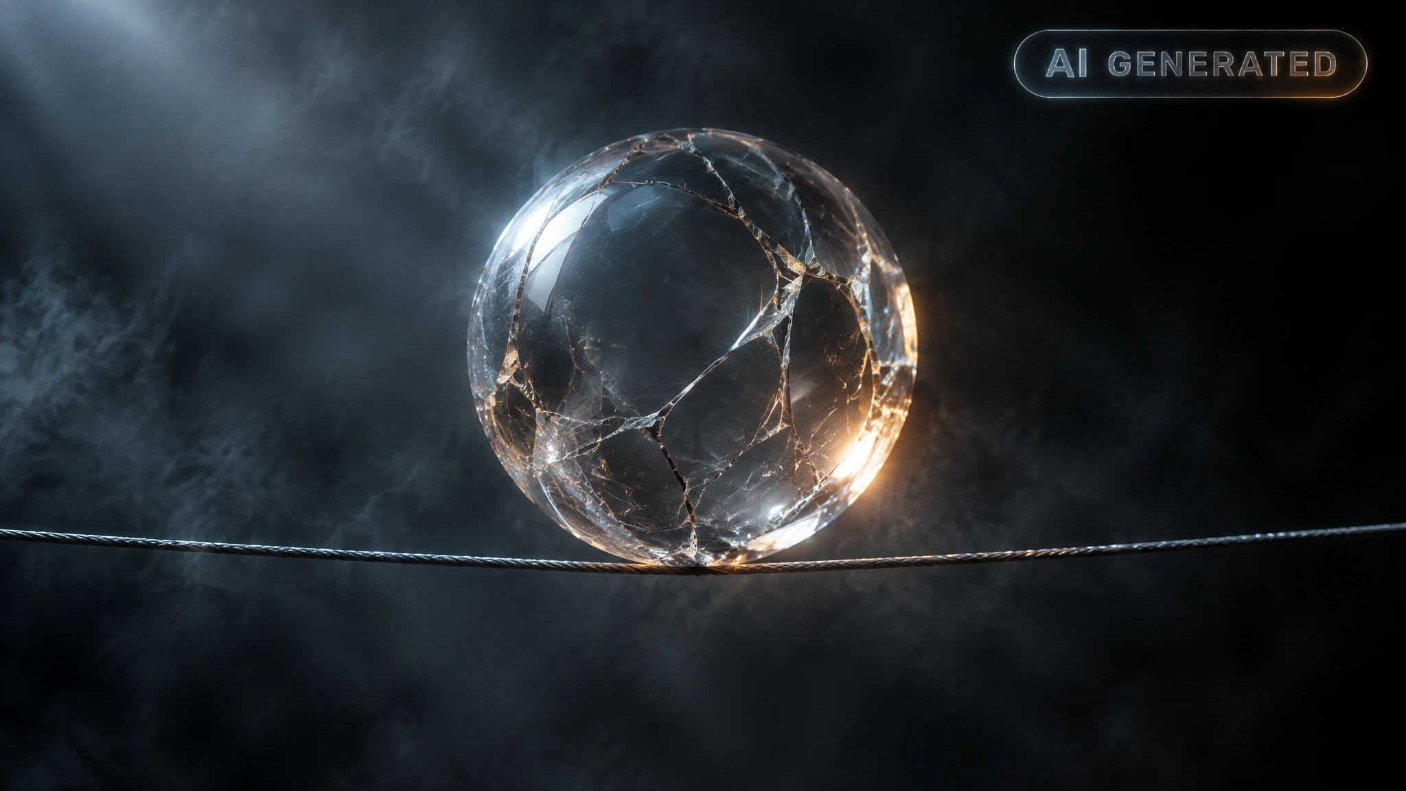 Cracked glass sphere balanced on a thin wire against a dark empty background