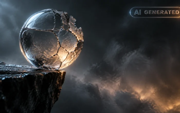 Cracked glass sphere balanced on edge of metal pedestal in dark studio with fog