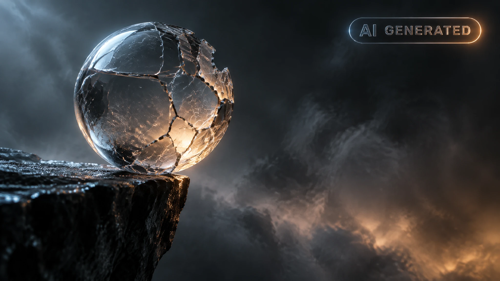 Cracked glass sphere balanced on edge of metal pedestal in dark studio with fog