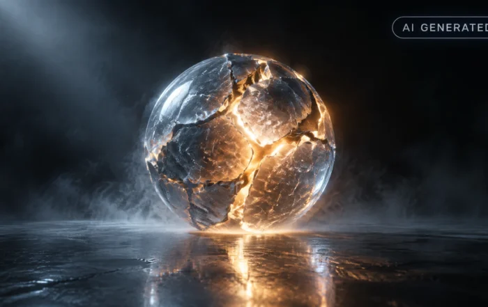 Cracked glowing glass sphere resting on a fractured pedestal in a dark empty studio