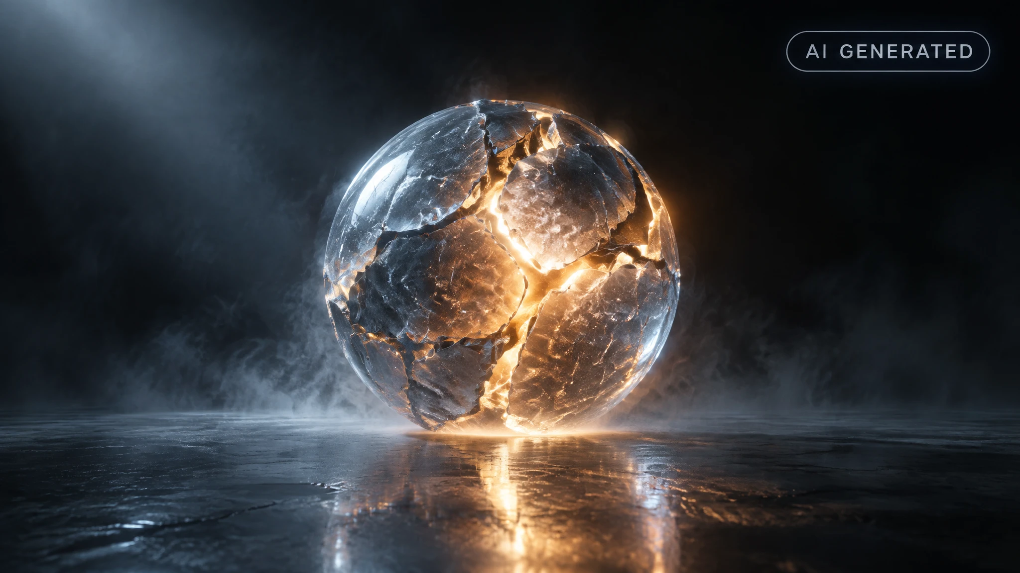 Cracked glowing glass sphere resting on a fractured pedestal in a dark empty studio