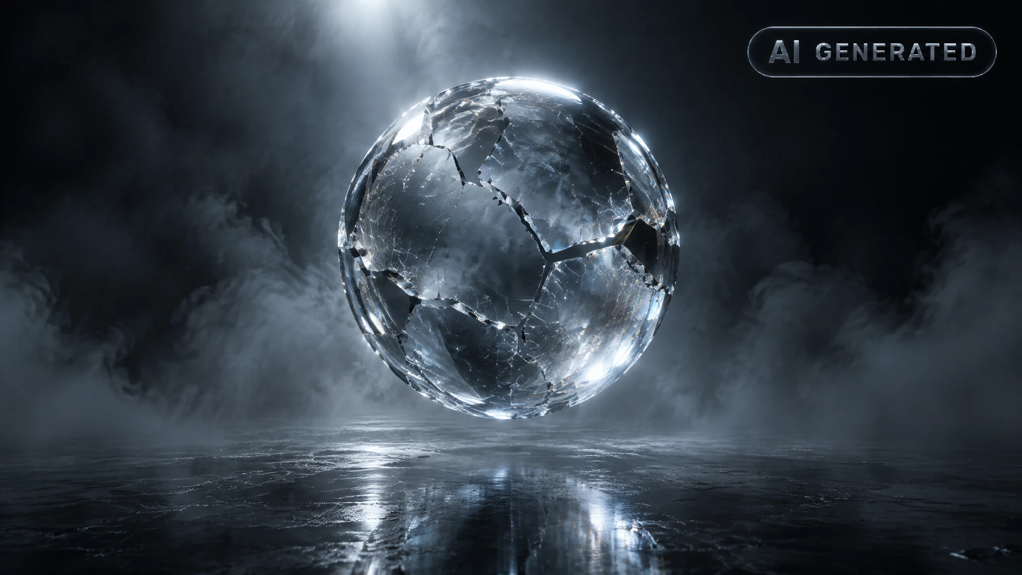 Cracked glass sphere balanced on a thin rod above a dark reflective floor with soft fog