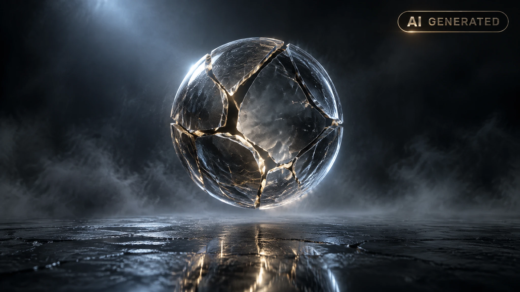 Cracked translucent sphere suspended above a dark reflective surface with soft blue lighting