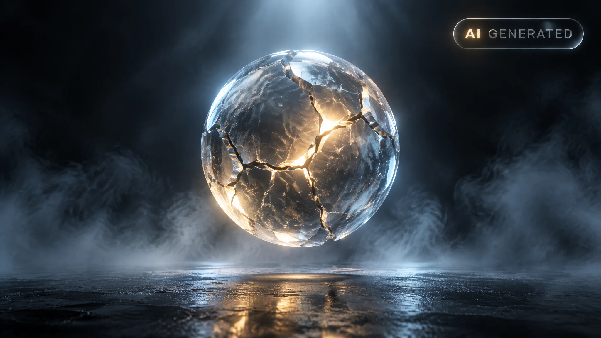 Cracked translucent sphere emitting light fractures above a dark reflective studio floor